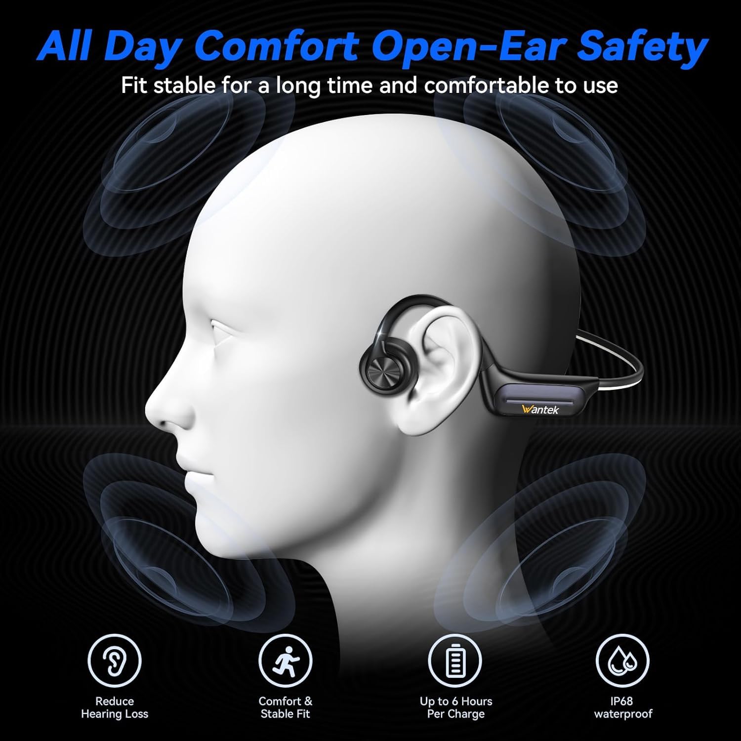 Wantek Casque Conduction Osseuse Open Ear Bluetooth 5.3 sans Fil, Écouteur Natation IP68 Étanche, Mémoire MP3 32G, pour Sport, Natation, Cyclisme, Course à Pied