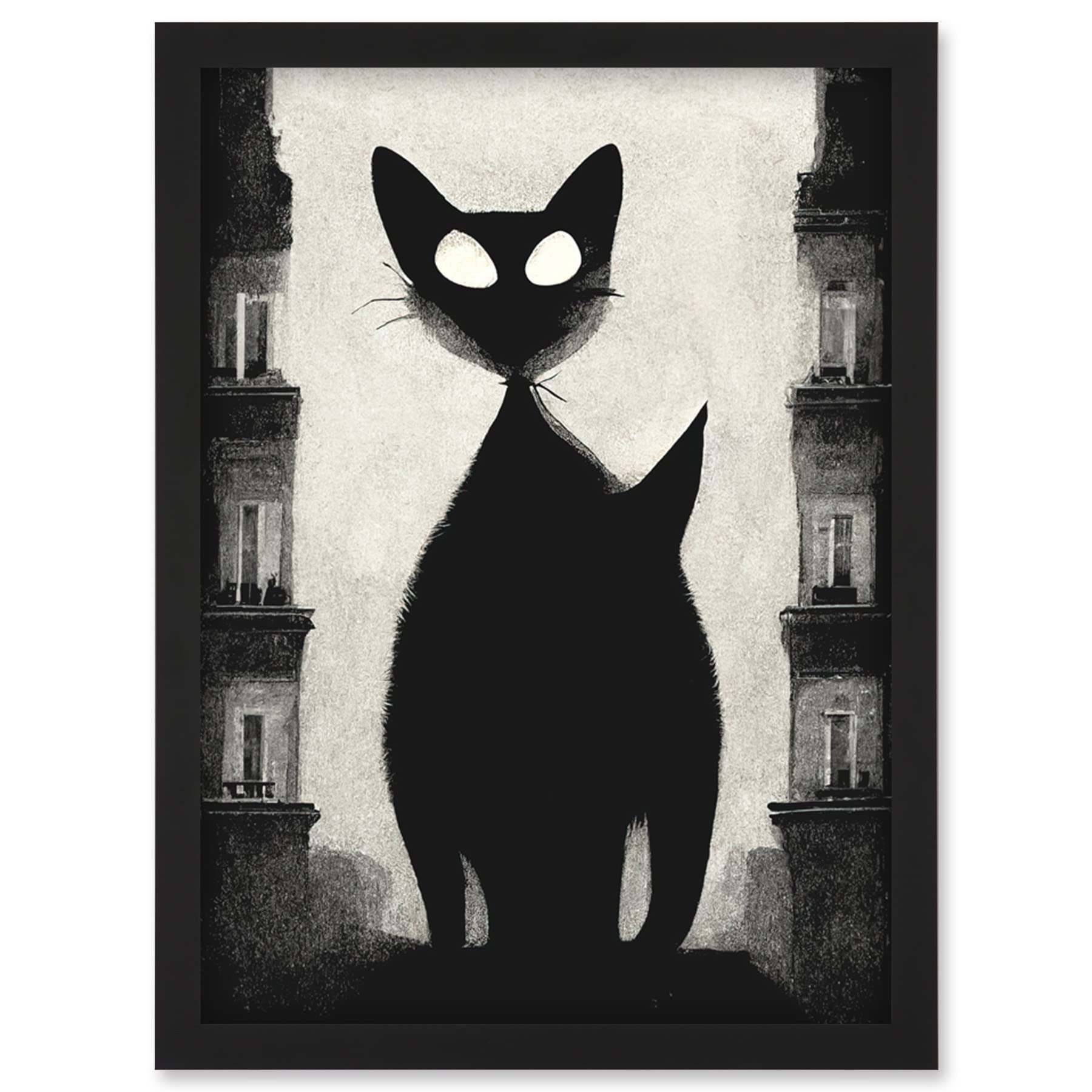 Artery8 Giant Black Cat Le Chat Noir City Monochrome Illustration Wall Art PrintA4 Size from B&Q