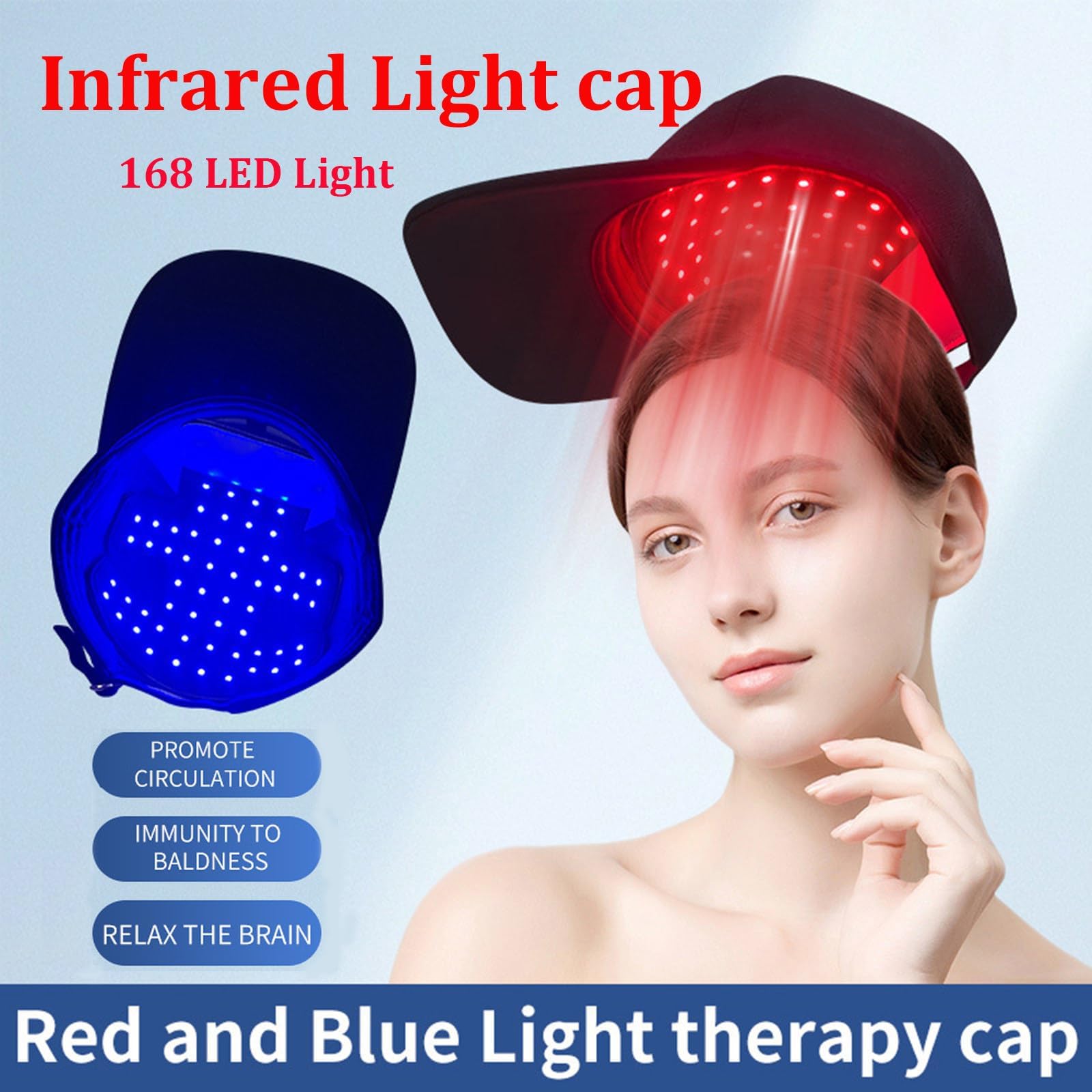Cappello per terapia a luce rossa per ricrescita dei capelli (160 LED), 660 nm 460 nm 850 nm, luce rossa e blu, cronometraggio intelligente 20 minuti, promuove la circolazione/immunità alla calvizie