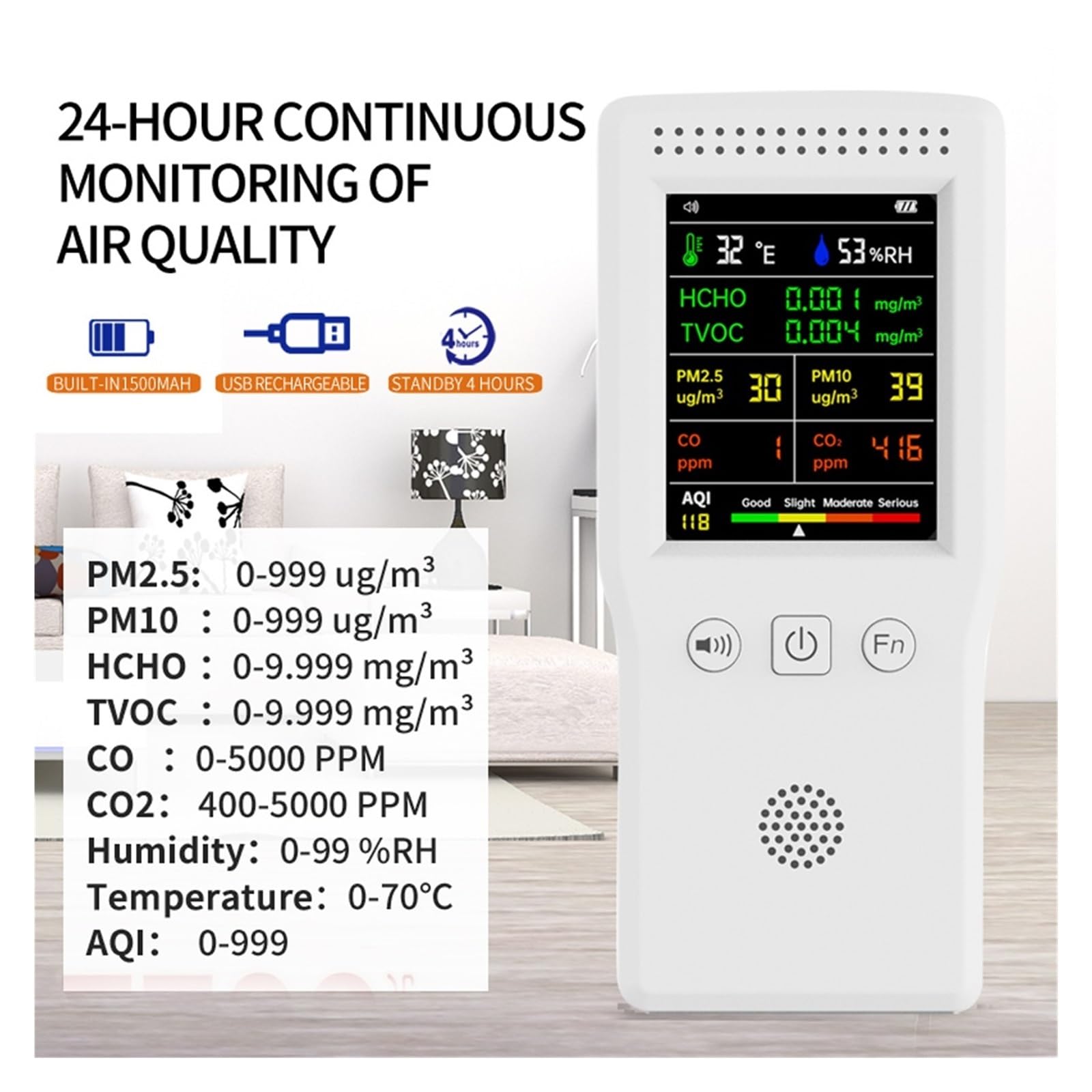 Licznik cząstek powietrza 9 w 1 detektor jakości powietrza ręczny miernik CO2 temperatura wilgotność PM2.5 PM10 HCHO TVOC CO CO2 Air Monitor z wyświetlaczem LCD(Wit)