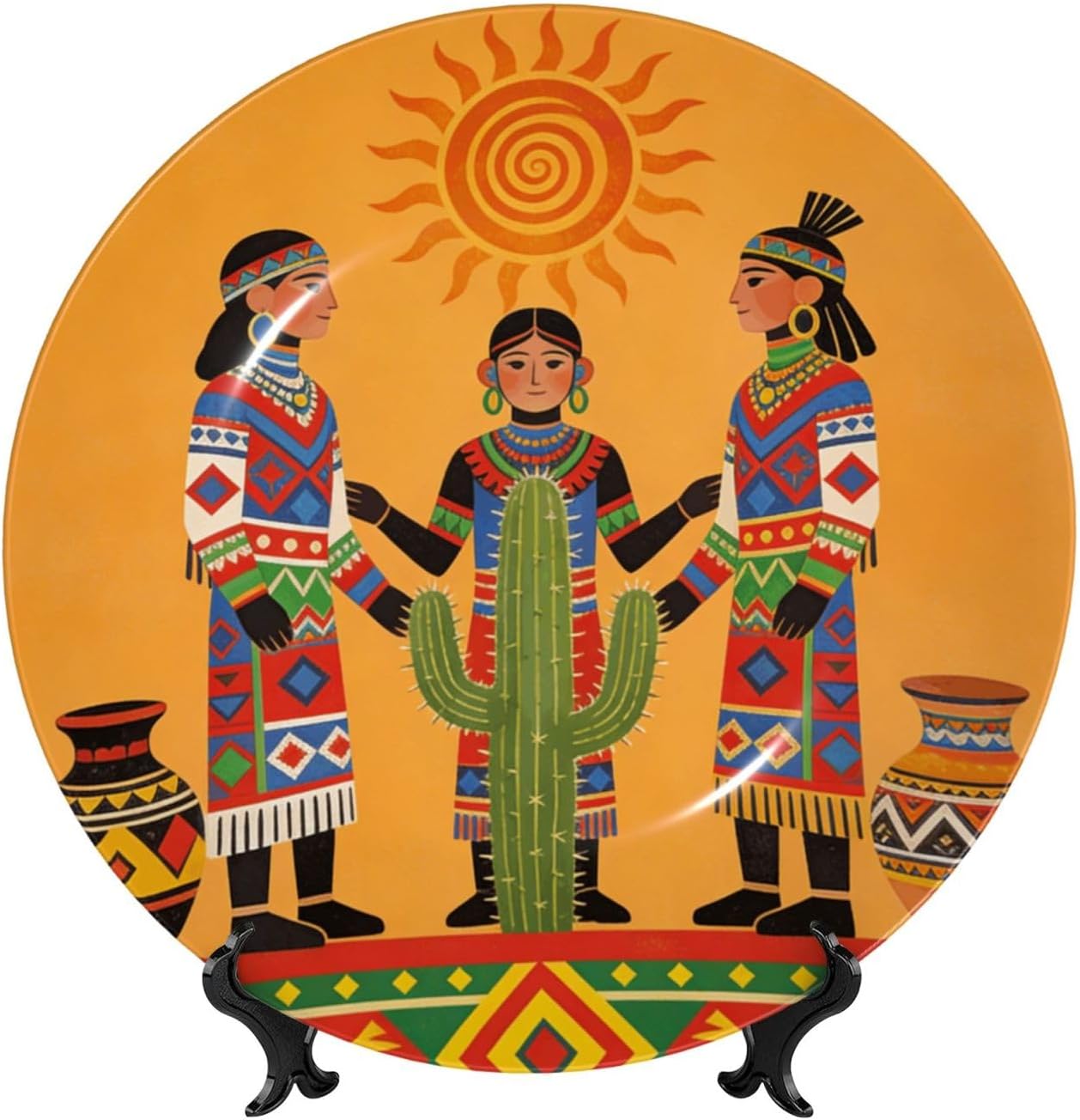 Ceramic Display Plate with Vertical Stand, Round Bone China Wall Hanging Home Ornament Southwest Native American, 8 in