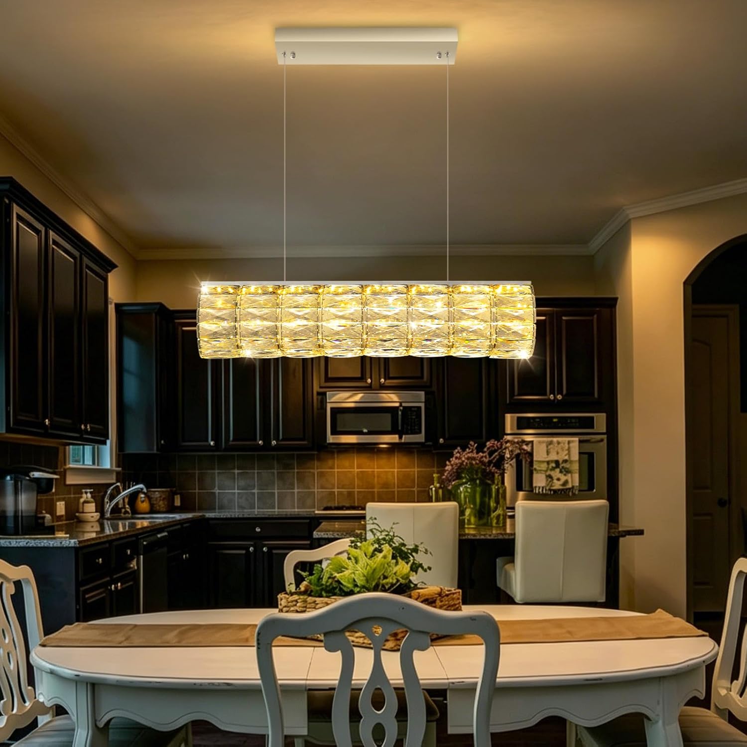 24 Inch Long Chandeliers for Dining Room LED Dimmable Pendant Lights for Kitchen Island Modern Crystal Chandelier Lighting Silver Light