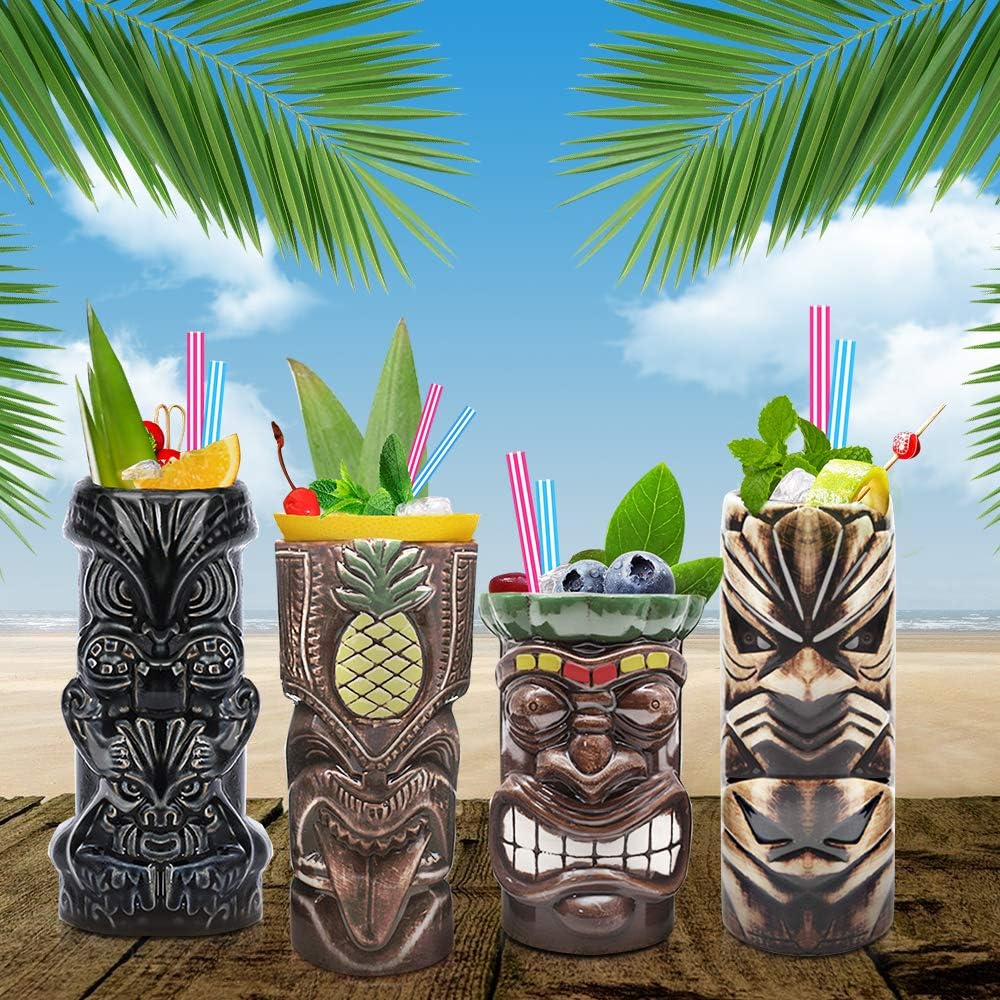 LINALL Tiki Mugs Cocktail Set of 4 - Large Tumblers Ceramic Hawaiian Luau Party Mugs Drinkware, Cute Exotic Cocktail Glasses, Tiki Bar Professional Hawaiian Party Barware, TKSET0005… - Image 6