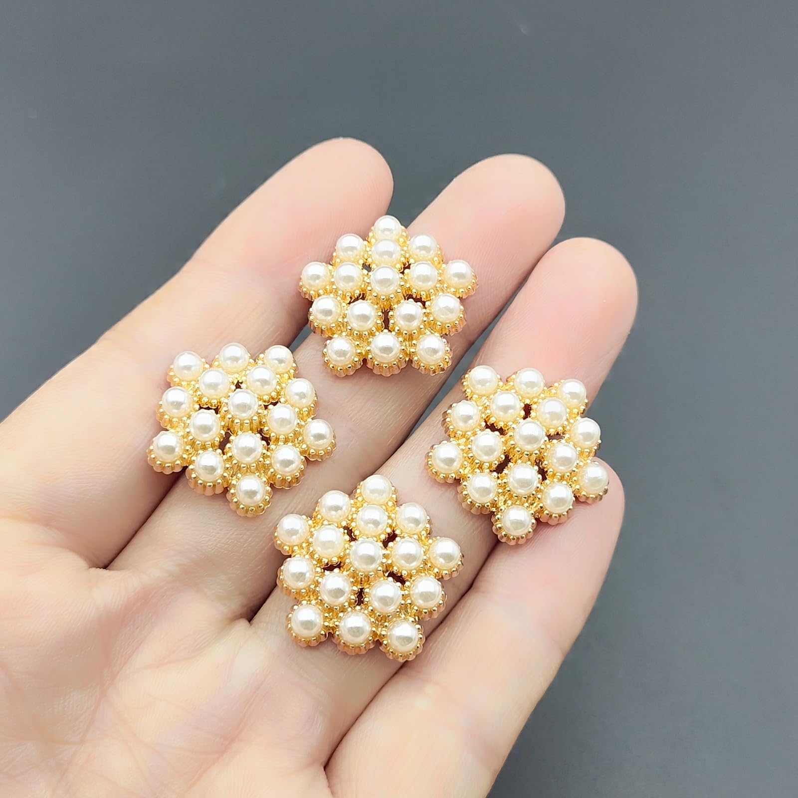 YOOGCORETT 10pcs Pearl Rhinestone Flower Buttons Flat Back Embellishments Sew On Buttons for DIY Craft, Bags Shoes Dress Decoration, 22 x 21mm, Gold
