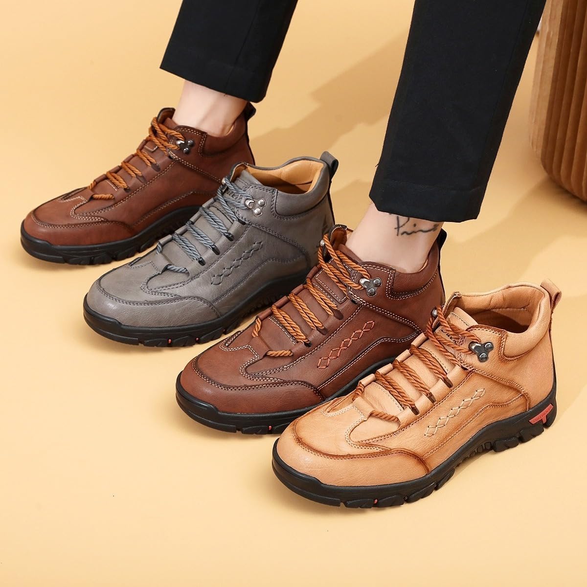 Men's Leather Lace-Up Platform Hiking Boots Vintage Comfort Hand-Stitching Leather Non-Slip Arch Support Travel Athletics Shoes for Trail Travel Outdoor Casual Driving Boots - Image 6
