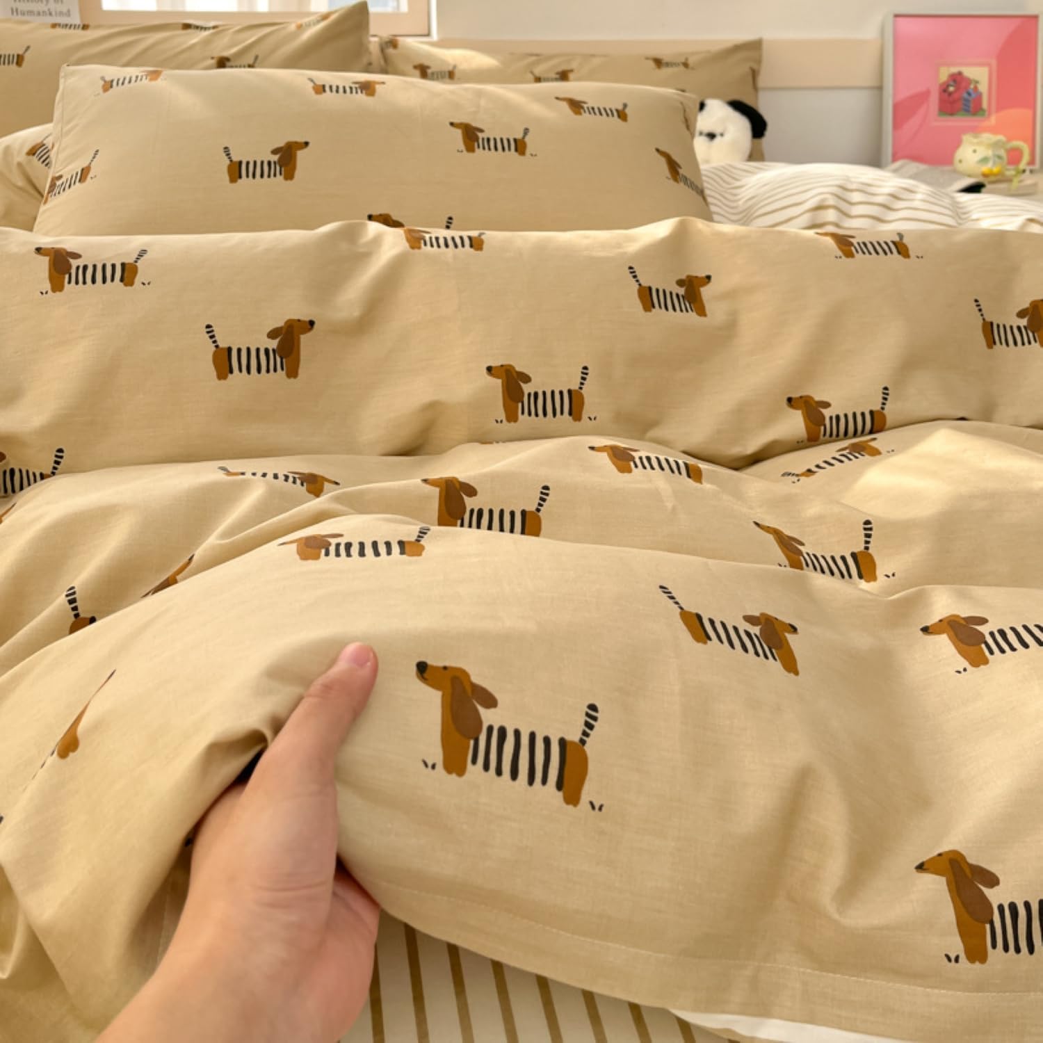 Dachshund Duvet Cover Twin Size Khaki Striped Sausage Dog Reversible Comforter Cover Cute Kawaii Puppy Dog Stripes Bedding Set with Zipper Closure and 1 Pillowcase for Girls Boys - Image 4