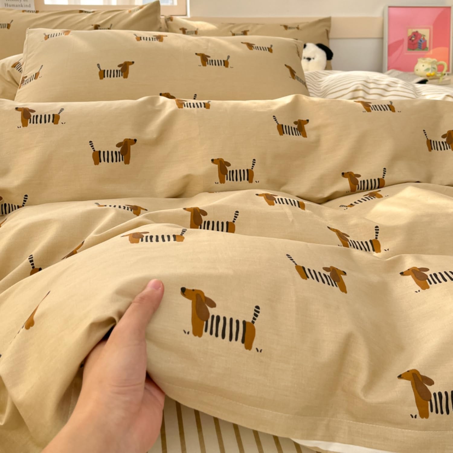 Tospass Dackel Bettwäsche 135x200cm 4teilig Khaki Gestreift Dachshund Wendebettwäsche aus Microfaser Kinder Streifen ÖKO-TEX Bettwäsche Set 2 Bettbezug mit Reißverschluss und 2 Kissenbezug 80x80cm