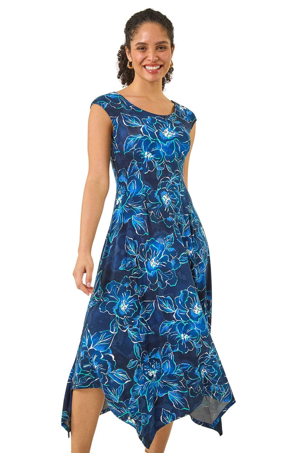 Roman Women's Navy Floral Print Stretch Maxi Dress Size 18