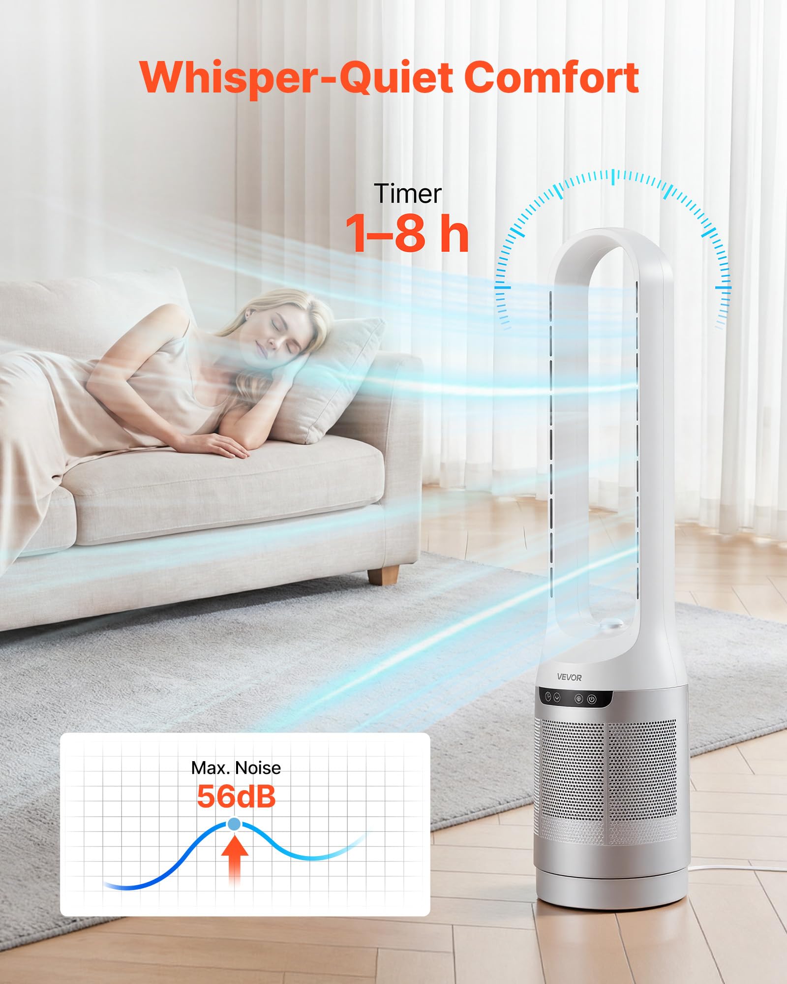 VEVOR Ventilatore a Torre Senza Pale, Oscillazione 65°, Ventilatore a Colonna Senza Pale, 12 Velocità, 4 Modalità, Timer 8 Ore, Flusso d’Aria Potente 4,5 m/s, Silenzioso, per Camera da Letto Ufficio