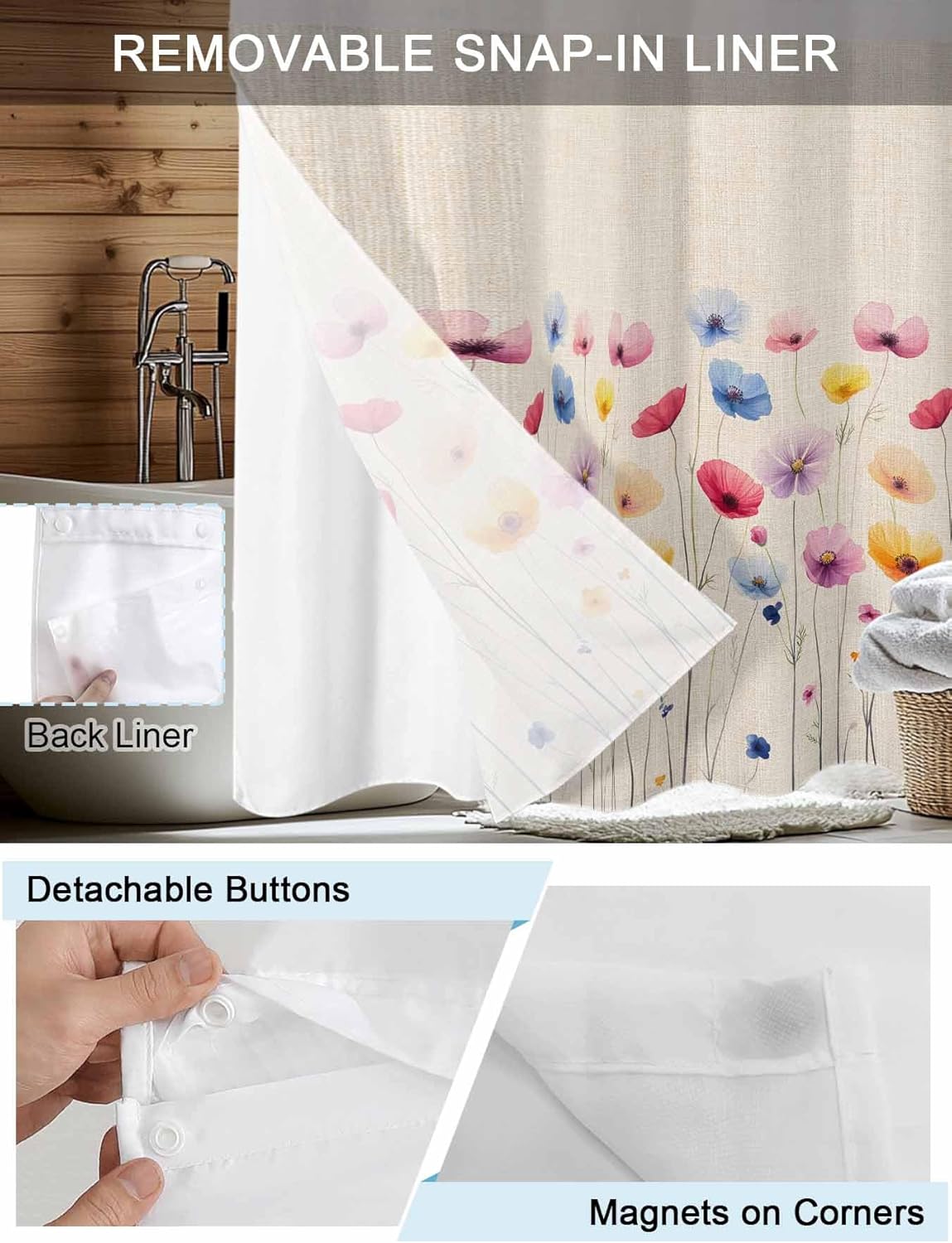 No Hook Shower Curtain with Snap in Liner Set Colorful Floral Shower Curtains for Bathroom Decor Spring Seasonal Botanical Wildflowers Waterproof Bath Curtain with See Through Top Window 72x72 Inch