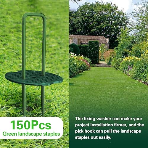 Miniatura 3 de Bakulyor 150 estacas de césped artificial verde + 150 arandelas amortiguadoras, grapas de paisaje de calibre 11 de 6 pulgadas, picos de césped