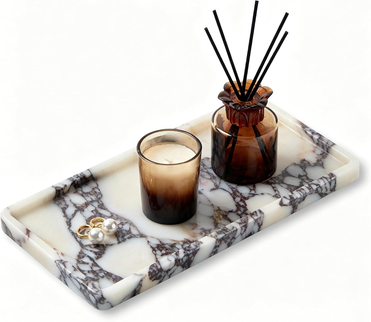 Luxury Natural Rectangle Marble Tray, Modern Makeup Organizer Vanity Decor