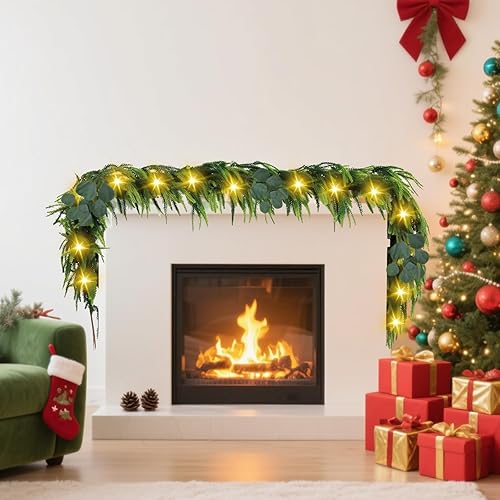 Miniatura 6 de Norfolk - Guirnalda de pino con luces, guirnaldas de imitación de 6 pies con hojas de eucalipto, guirnalda de vegetación de Navidad para repisa,