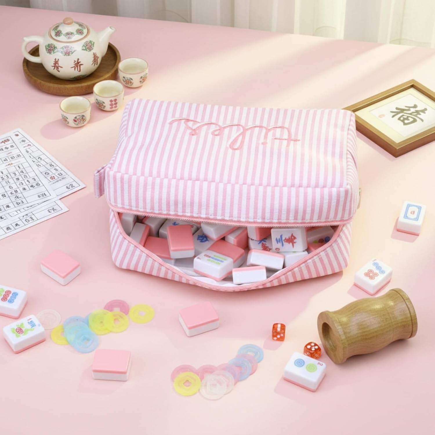 Empty Mahjong Bag Thickened American Mahjong Tiles Bag with Zipper Storage Pouch for Board Game Pieces Game Party Travel Gatherings Accessories, 10.4''x5.6'', Case Only (Tiles,Striped Pink)