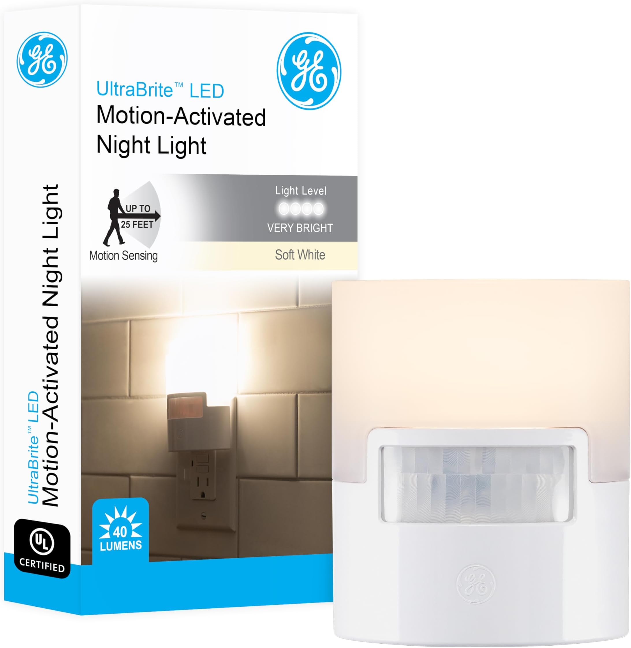 GE Ultra Brite Motion-Activated LED Light, 40 Lumens, Soft White, Night Light, Energy Efficient, Ideal for Hallway, Stairs, Kitchen, Garage, Utility Room, Laundry Room, White, 12201
