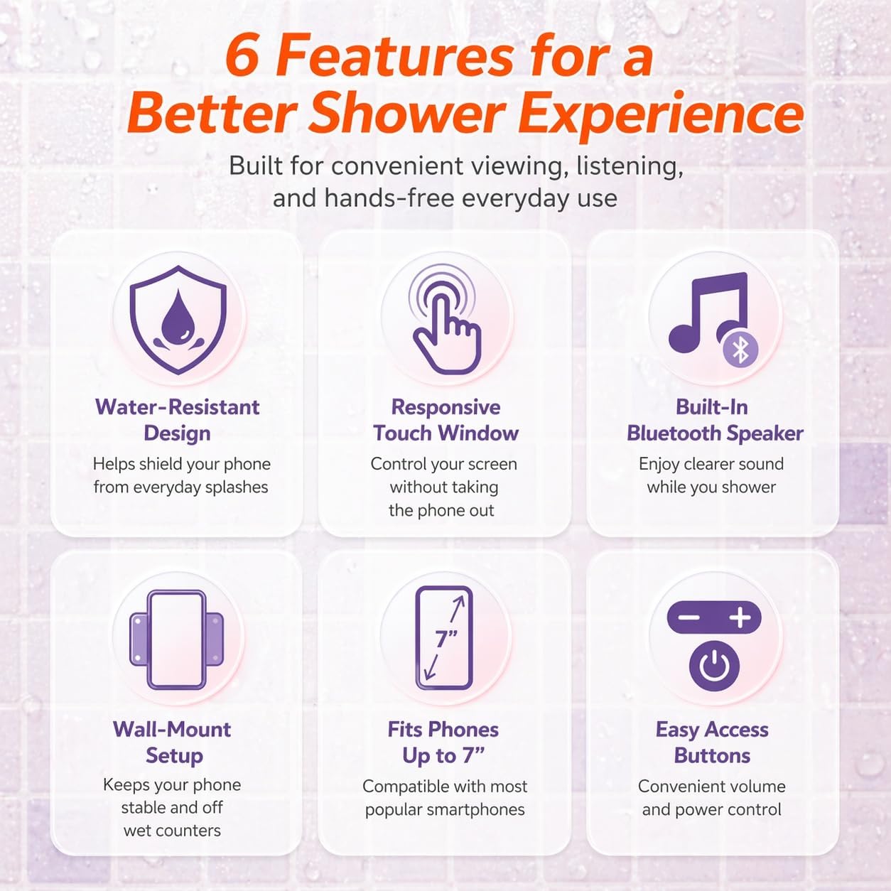 Water-Resistant Shower Phone Holder with Bluetooth Speaker, Wall Mounted Bathroom Phone Mount for Smartphones up to 7”, Touchscreen Compatible, Hands-Free for Shower & Kitchen (Black Light-Up Button)