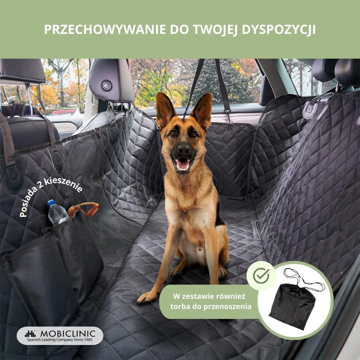 Mobiclinic® pets, Pokrowiec na fotel samochodowy dla psów, Sammy, Uniwersalny, Antypoślizgowy, Wodoodporny, Kieszeń boczna, Regulowane paski, Niskie składanie, Torba transportowa, Do bagażnika