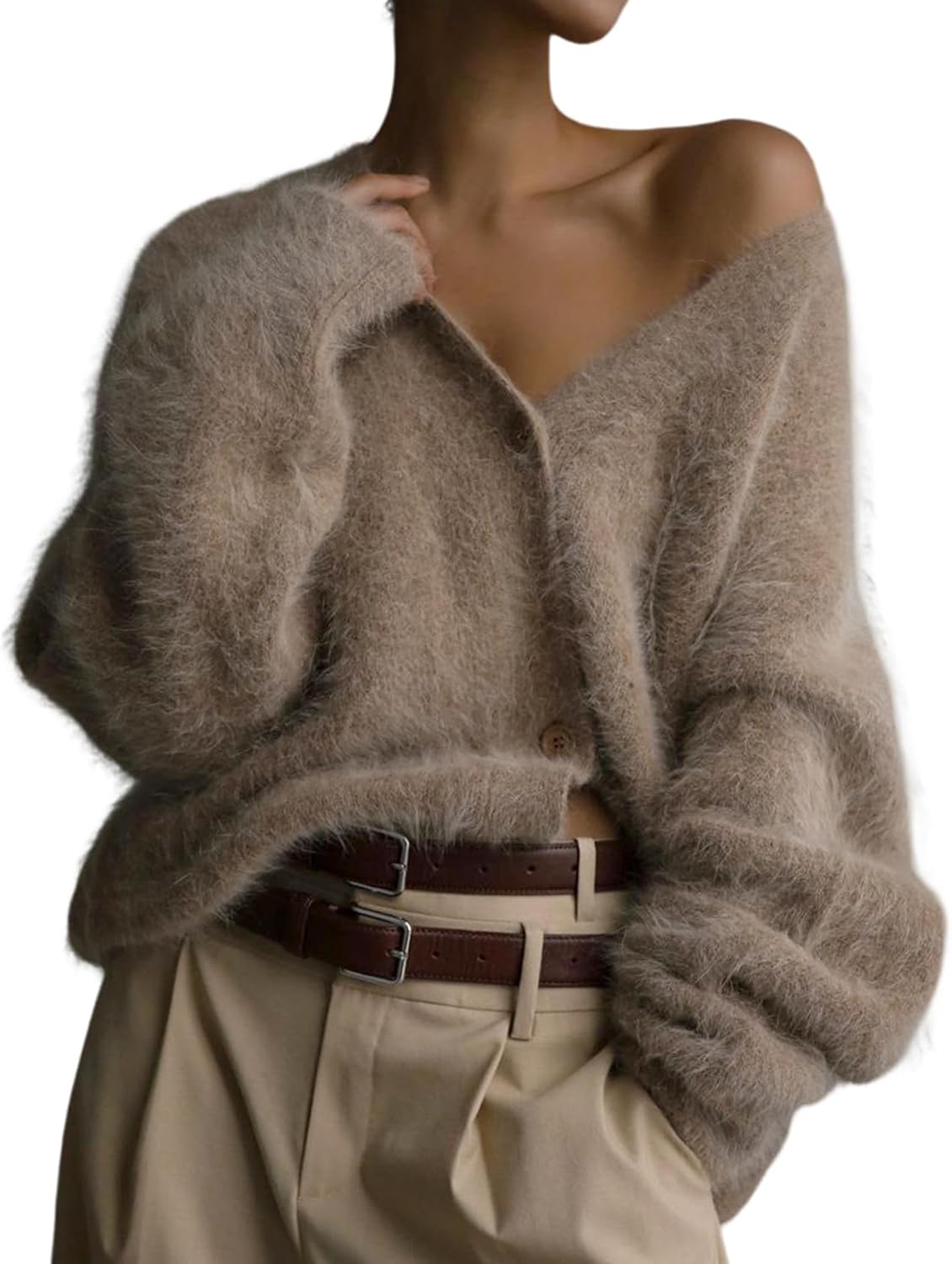 Wyeysyt Womens Fuzzy Cardigan Sweater V Neck Button Down Oversized Casual Furry Sweater 2026