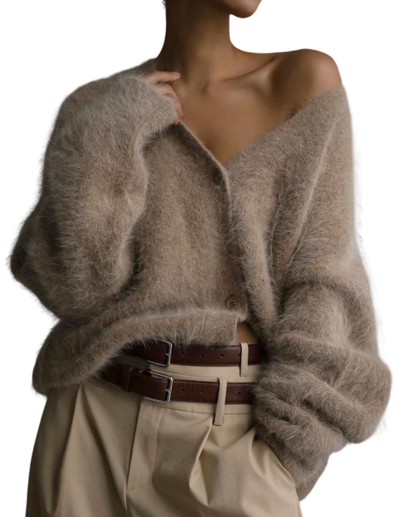 Wyeysyt Fuzzy Cardigans for Women Slouchy V Neck Long Sleeve Button Down Oversized Casual Furry Sweater 2025