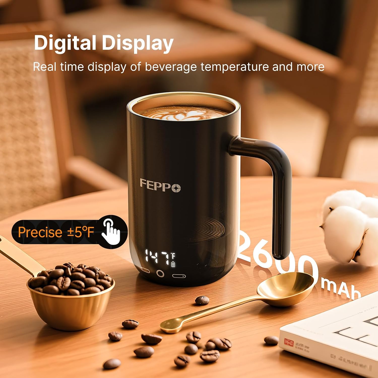 FEPPO Coffee Mug Warmer, 16oz Heated Coffee Mug with Titanium Coating, Real-Time Digital Display, Built-in 2600mAh Battery with Charging Base, Temperature Control Smart Mug, Great Gift for Women/Men