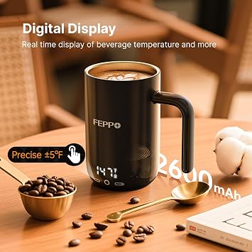 FEPPO Coffee Mug Warmer, 16oz Heated Coffee Mug with Titanium Coating, Real-Time Digital Display, Built-in 2600mAh Battery with Charging Base, Temperature Control Smart Mug, Great Gift for Women/Men