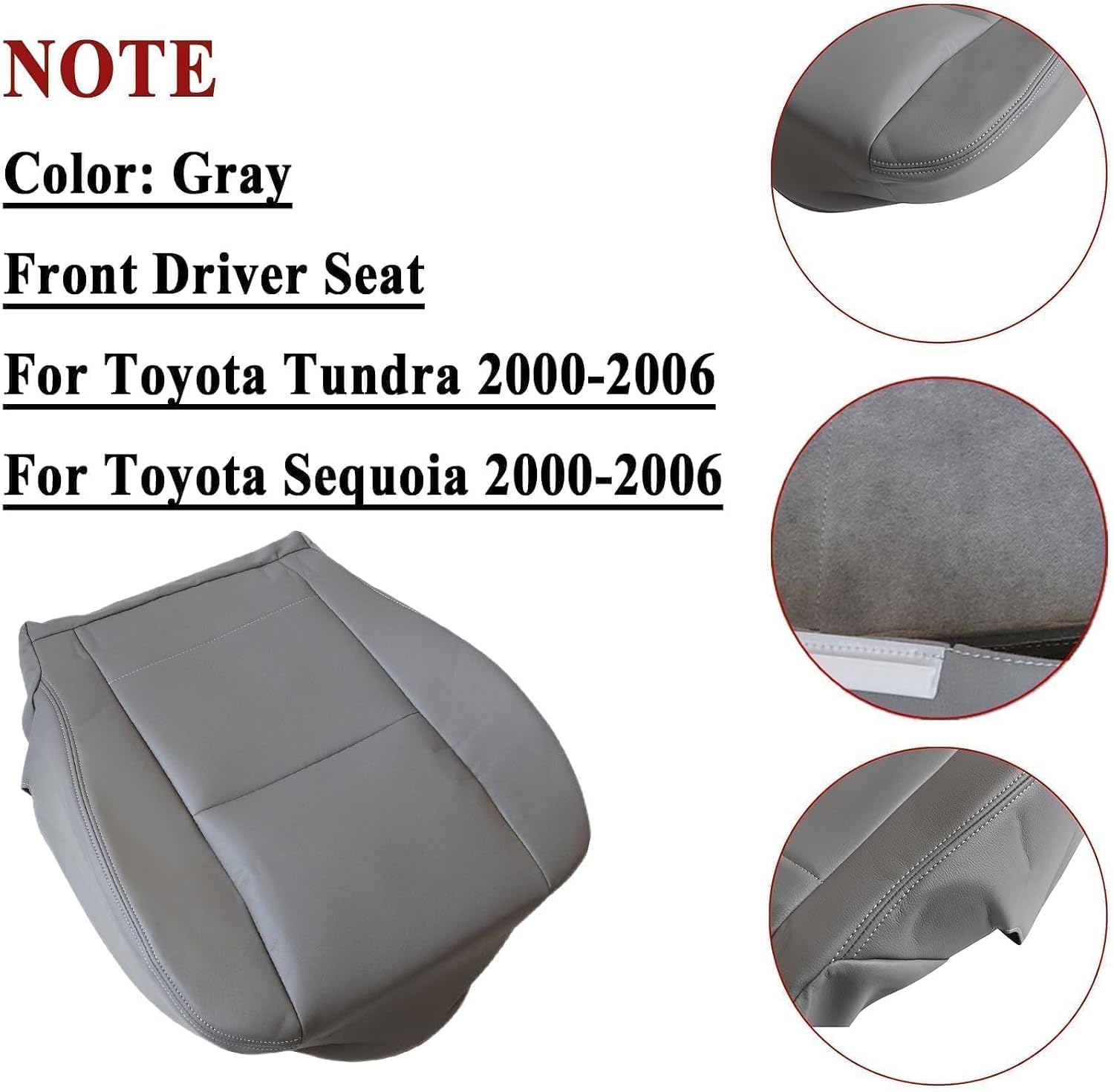 NLQR Gray Driver or Passenger Side Bottom Replacement Microfiber Leather Seat Cover Compatible with Toyota Sequoia Tundra 2000 2001 2002 2003 2004 2005 2006
