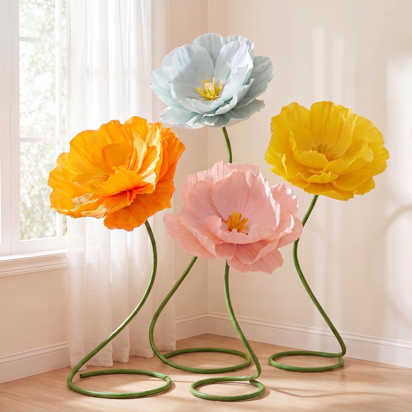Photo 1 of Maysing 4 Pcs 5ft Large Paper Mix Color Poppy Flower Giant Artificial Poppies Standing Huge Handcrafted Poppy Flower Wicked Party Decoration for Summer Wedding Graduation Birthday Garden Hotel Office