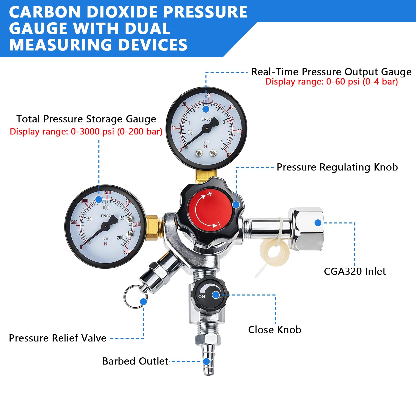 CO2 Druckminderer, W21.8 CO2 Druckminderer mit Doppelmanometer und Druckbegrenzungsventil für Biermaschine Regler des CO2-Gasflaschenreglers Bierherstellung