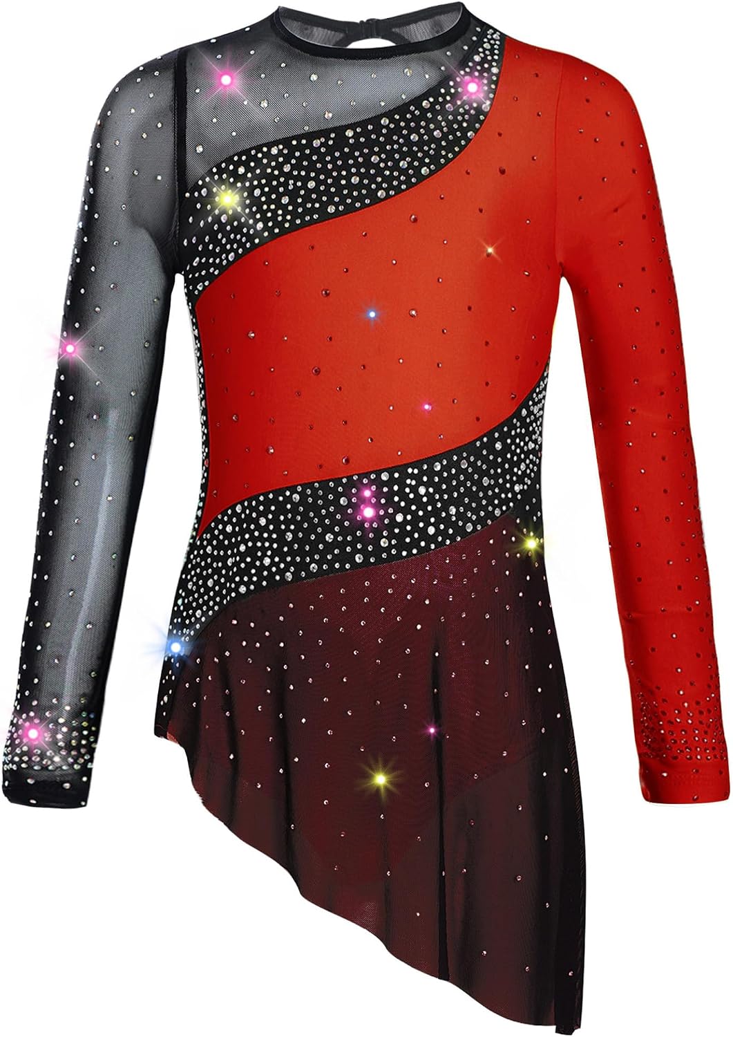 Girls Figure Skating Dress Long Sleeve Sparkly Rhinestone Ballet Gymnastics Leotard with Sheer Mesh Skirt