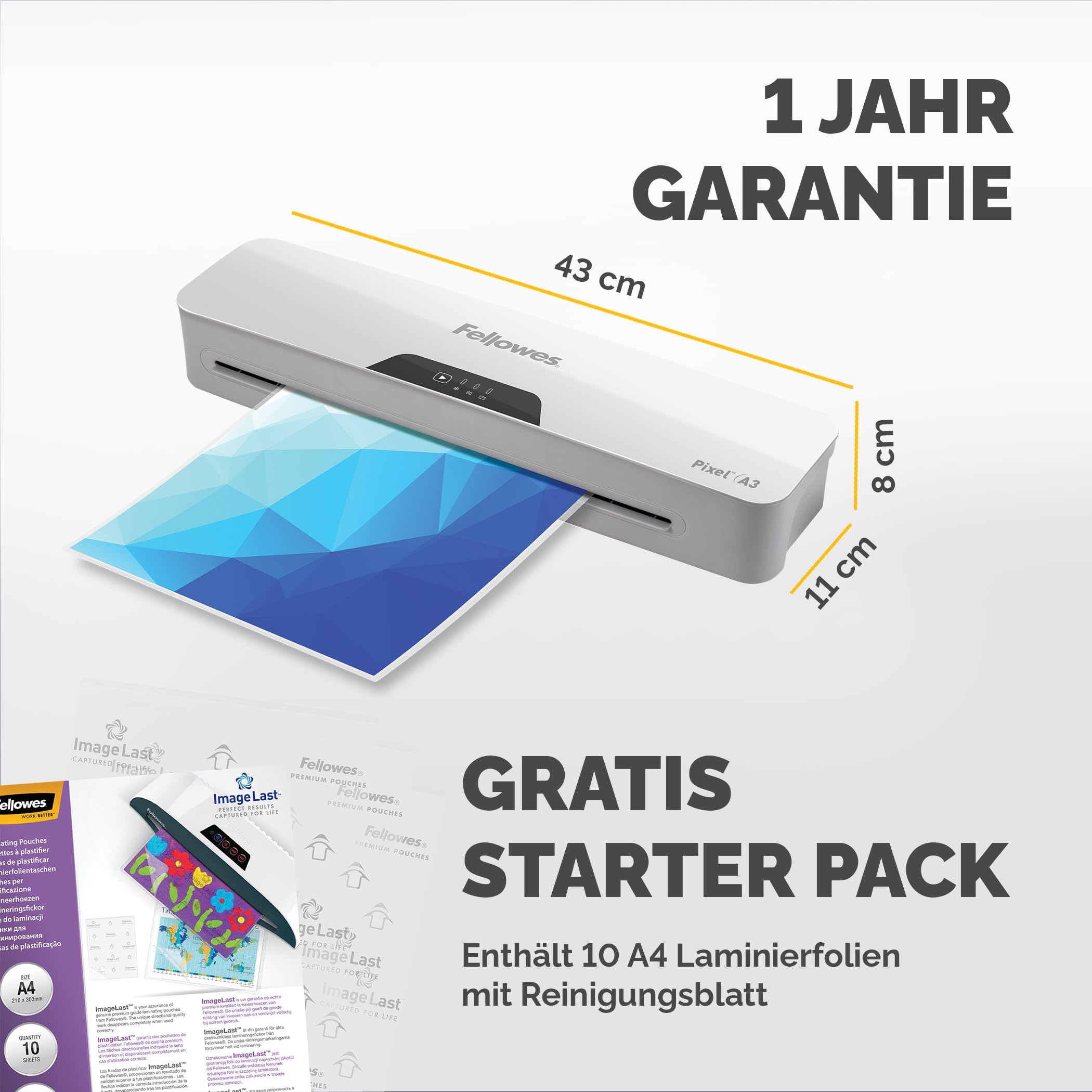 Fellowes Laminiergerät A3 Pixel für das Home Office, für Laminierfolien bis 125 Mikron Stärke, staufrei, inkl. 10 Laminierfolien A4