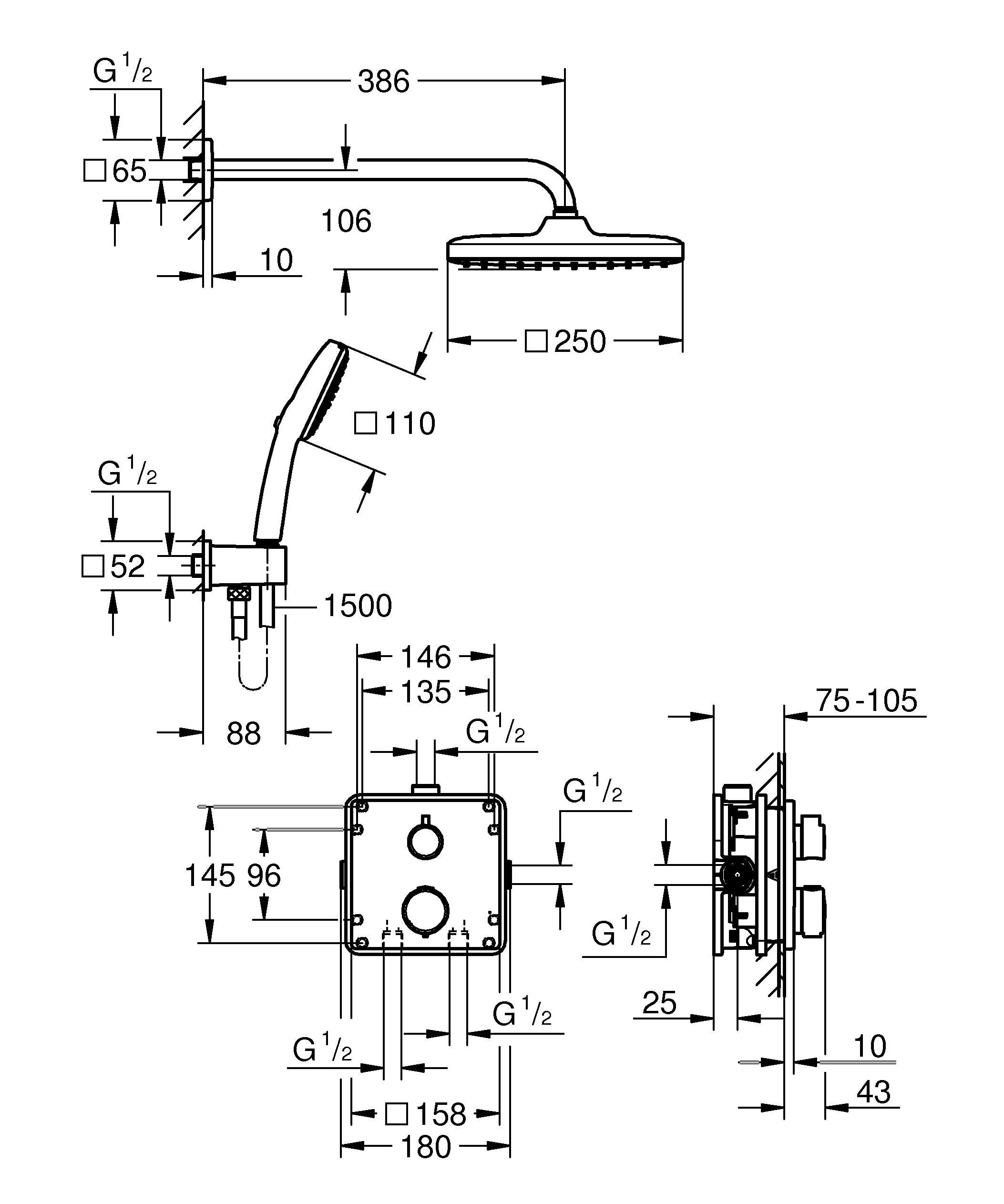 GROHE Precision 250, Unterputz Duschsystem (25cm Regendusche mit Thermostat, Kopfbrause 1 Strahlart, Duschkopf 2 Strahlarten, Komplettset, 1,50m Duschschlauch), eckig, schwarz, 348822430