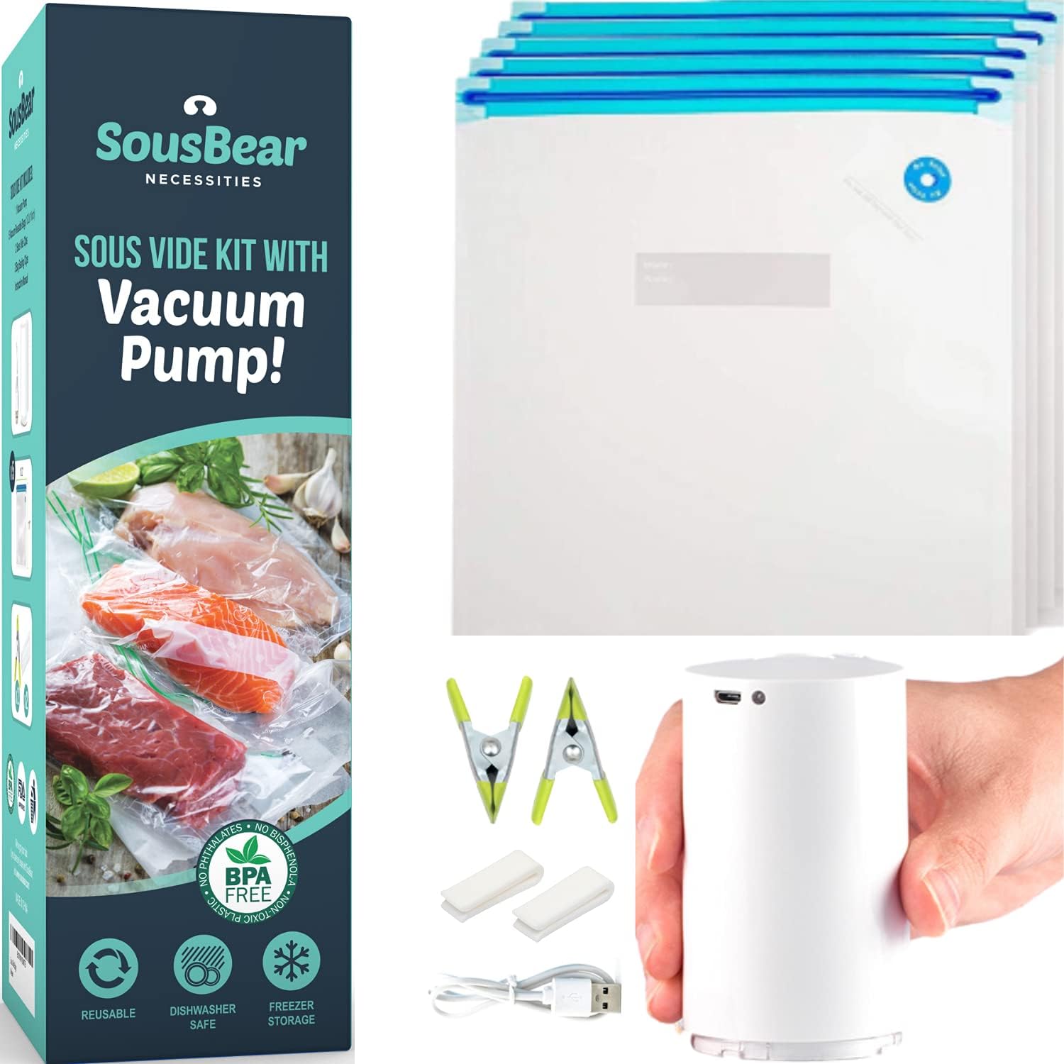 Sous Vide Bags, Electric Vacuum Sealer Food Pump & Reusable Vacuum Food Storage Bags Kit