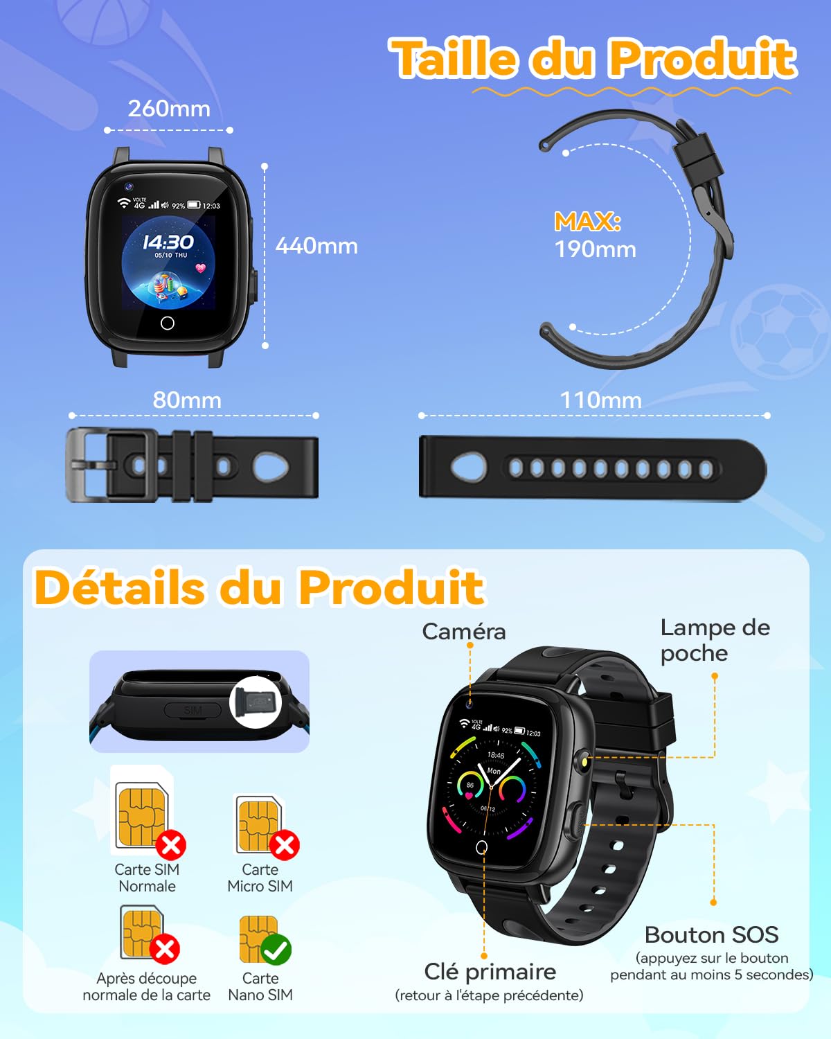 Montre Connectée Enfant, 4G Appel Montre Intelligente GPS Tracker avec Bouton SOS, WiFi, Caméra,Notification,Lecteur de Musique, Podomètre, Mode Classe, Cadeaux pour Garçons et Filles, Noir