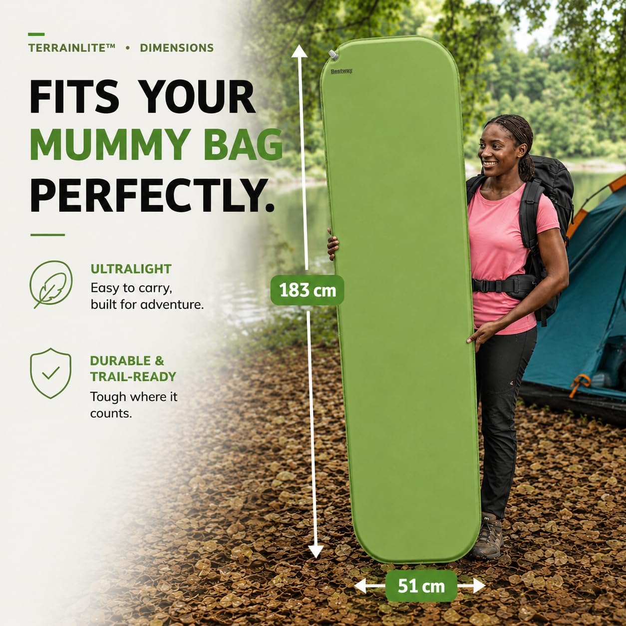 Bestway TerrainLite Self-Inflating Single Sleeping Mat for Mummy Sleeping Bags 183 x 51 x 2.5 cm