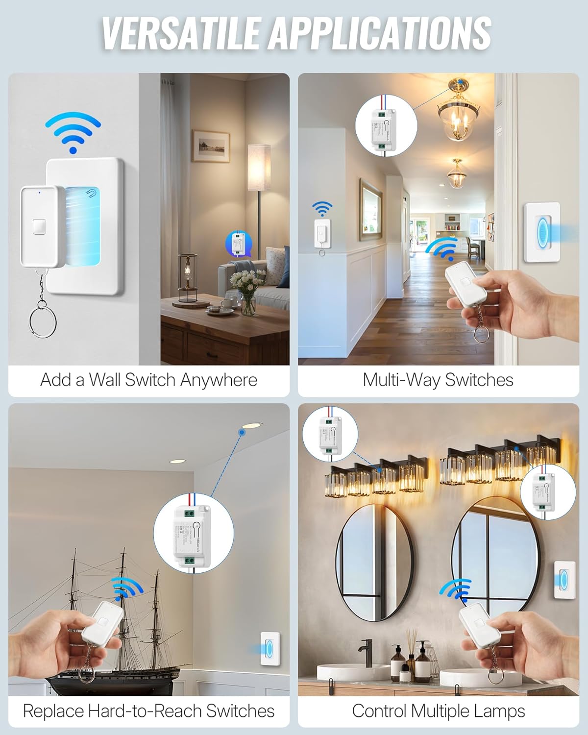 Wireless Light Switch and Receiver Kit, WILAWELS Remote Light Switches, No in-Wall Wiring Required, Remote Control Wall Switch for Ceiling Lights, Fan, 100 Ft RF Range, FCC Listed W15RC1106