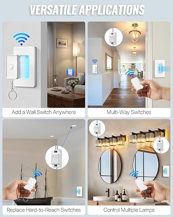 Wireless Light Switch and Receiver Kit, WILAWELS Remote Light Switches, No in-Wall Wiring Required, Remote Control Wall Switch for Ceiling Lights, Fan, 100 Ft RF Range, FCC Listed W15RC1106
