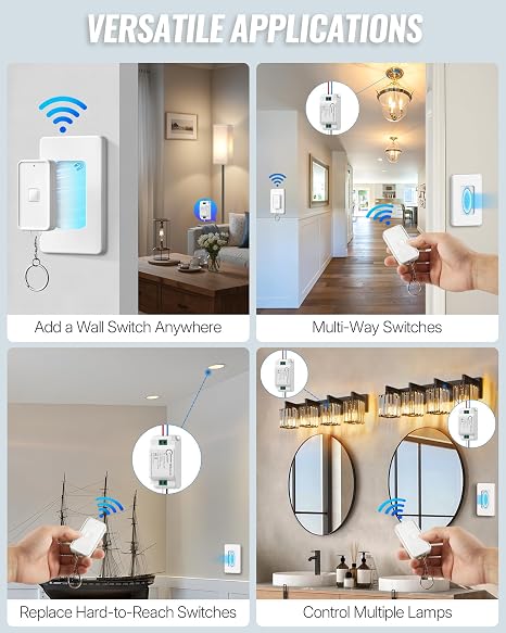 Wireless Light Switch and Receiver Kit, WILAWELS Remote Light Switches, No in-Wall Wiring Required, Remote Control Wall Switch for Ceiling Lights, Fan, 100 Ft RF Range, FCC Listed W15RC1106