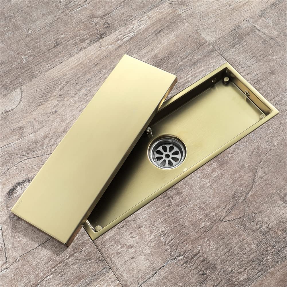 Desagüe de Suelo Invisible Rectangular de 11 x 30 cm, de Acero Inoxidable, con Tapa extraíble y válvula en T, Color Negro (Dorado).