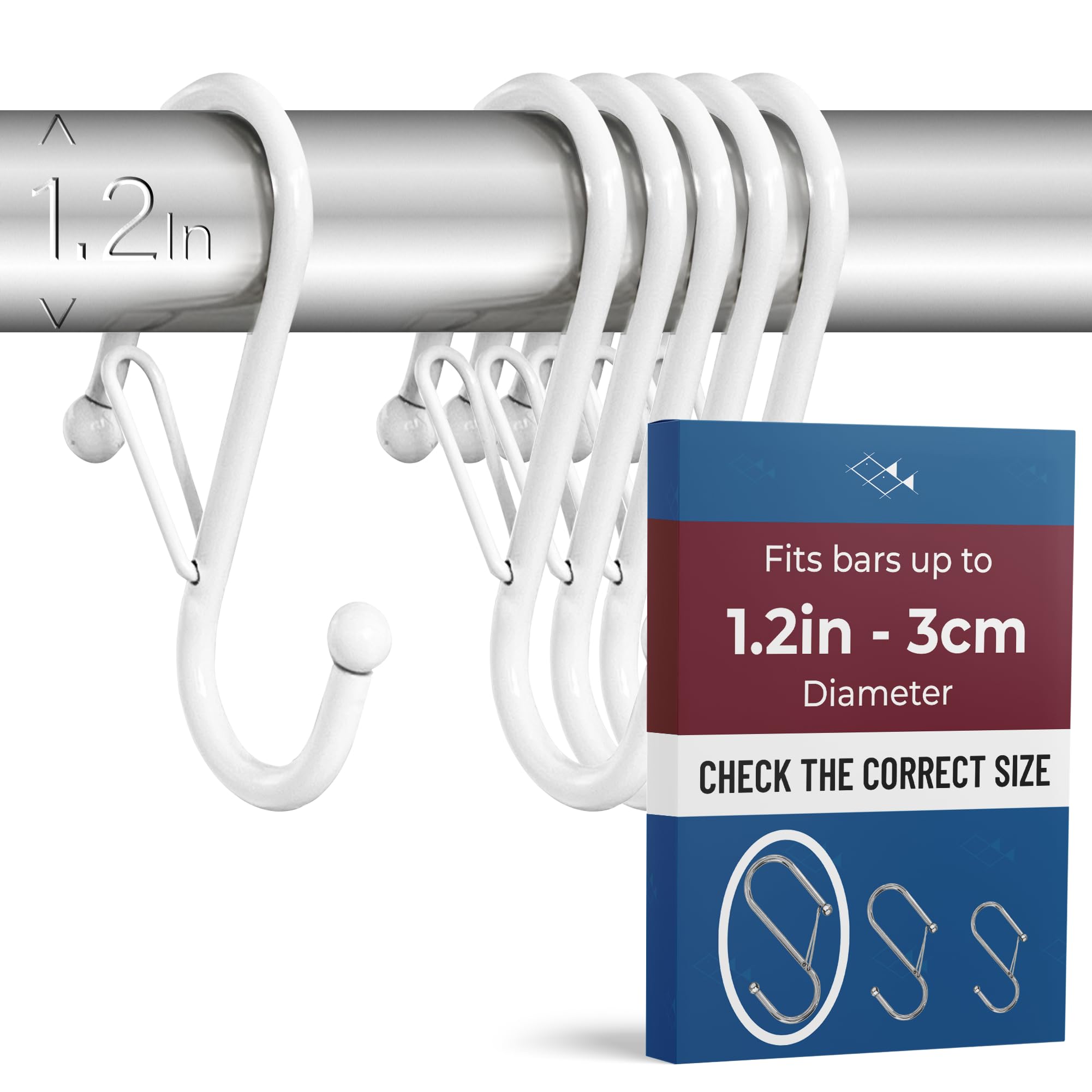 6-Pack Metal S Hooks for Hanging – Heavy-Duty S-Shaped Hook with Safety Buckle – Fits Bars up to 1.2 in – Anti-Drop S-Hooks for Closet, Wardrobes & Storage – White (Large)