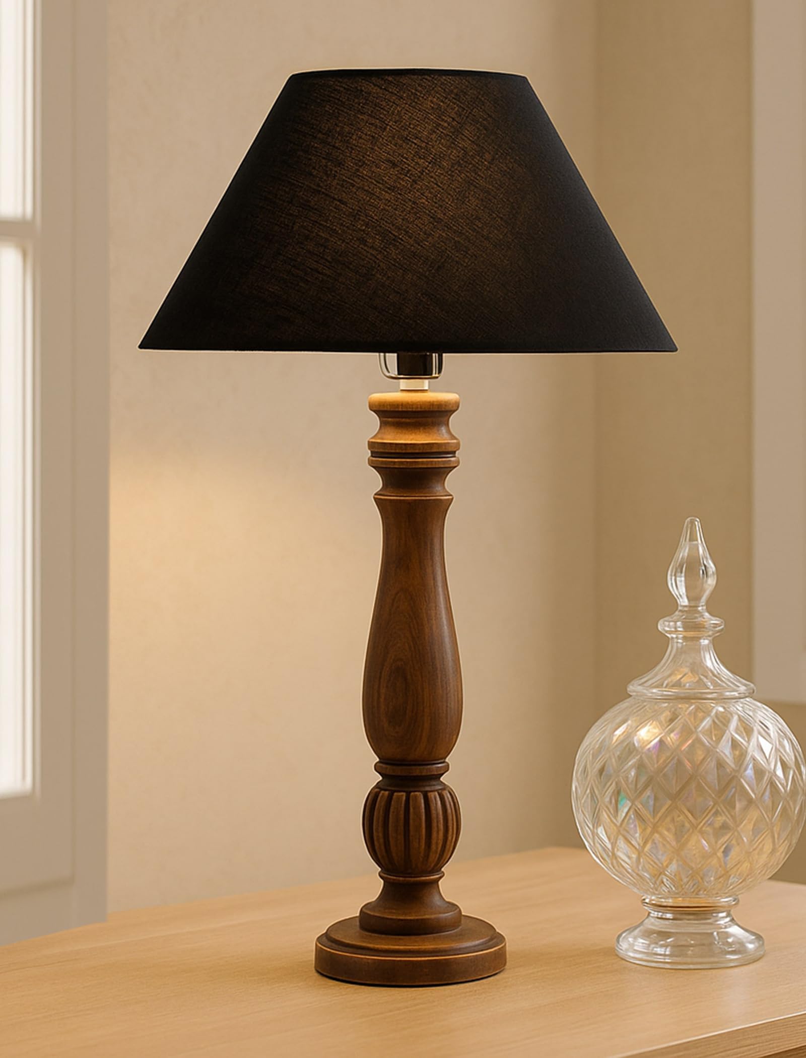 Homesake® Handcrafted Wooden Table Lamp for Bedroom & Living Room|Decorative Bedside Reading Lamp with Fabric Shade, E27 Holder|Bulb Included|Black Classic Victorian Base for Home Décor, Black