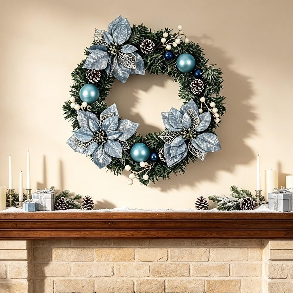 Weihnachtskranz Blau Stoffblüten Robust Plastik(LED)