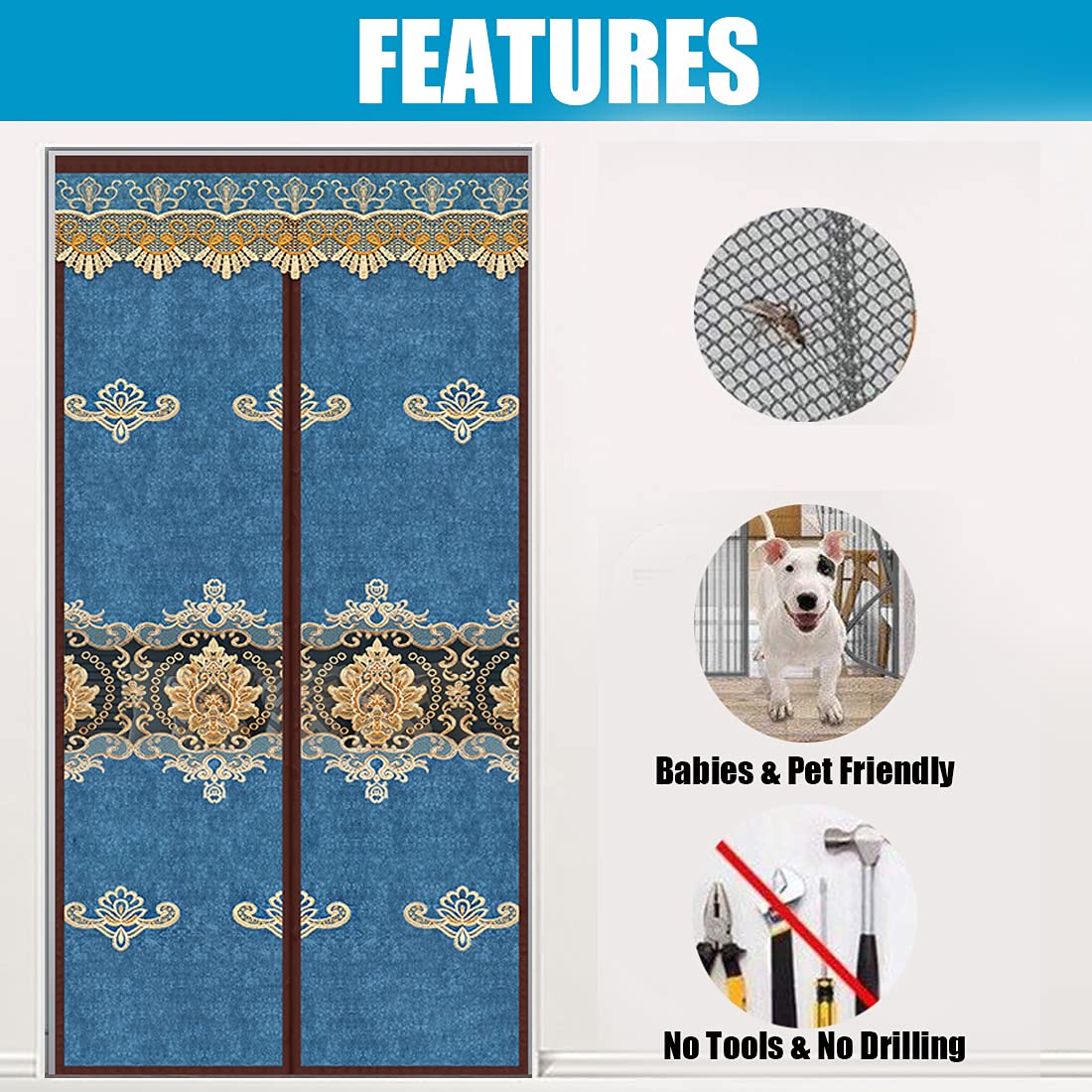 Rideau Occultant pour Porte Avec Embrasses de Rideau Magnétique Thermique Isolation Porte Moustiquaire Rideau De Porte Isolant Coupe-vent Phonique 200x240cm Filet Creux Bleu