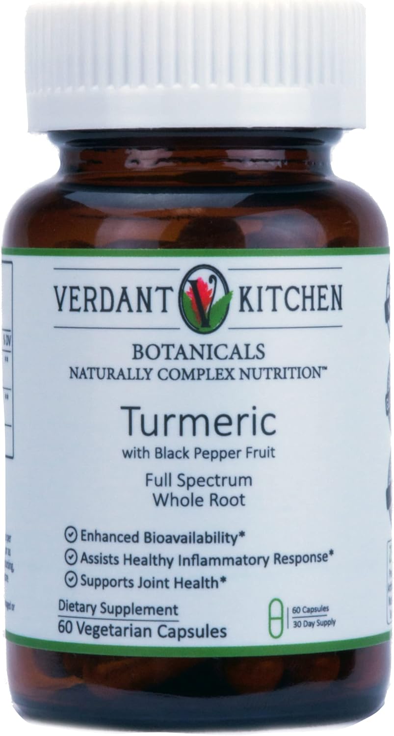 VERDANT KITCHEN Turmeric and Black Pepper, Pure Whole Root, Raw Processed, Bioavailability Enhanced, Zero Fillers, Vegan, USA Made, 60 x 350 mg