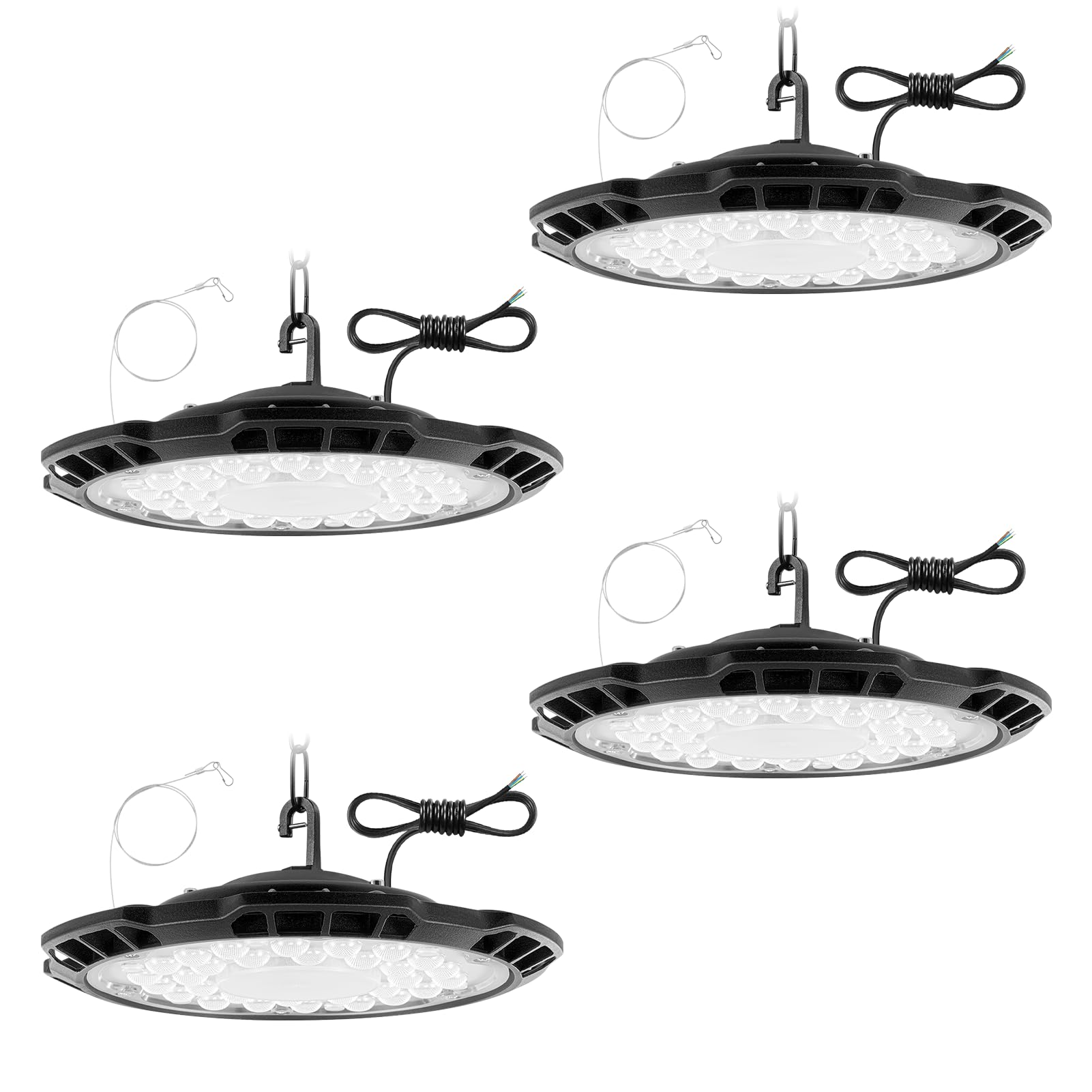 Reflektor przemysłowy LED 150 W, 15000 lm, kształt UFO, zimna biel 6500 K, wodoodporny, magazyn, fabryka, garaż lub warsztat, z łańcuchem i kablem. 150 W, 4 szt