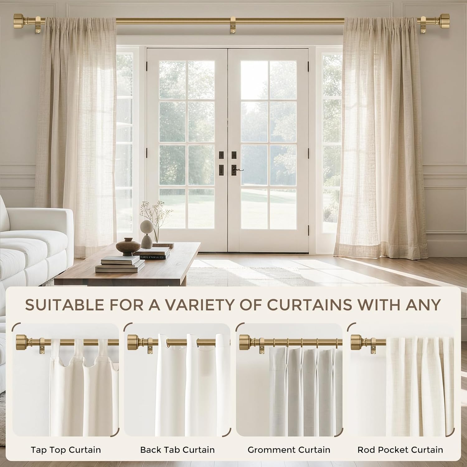 Warm Gold Curtain Rod for Windows 66 to 120 Inch, Heavy Duty Brass Curtain Rod, 1" Diameter Adjustable Gold Window Treatment Rods with vintage Brushed Metal Finials for Bedroom Living Room Farmhouse