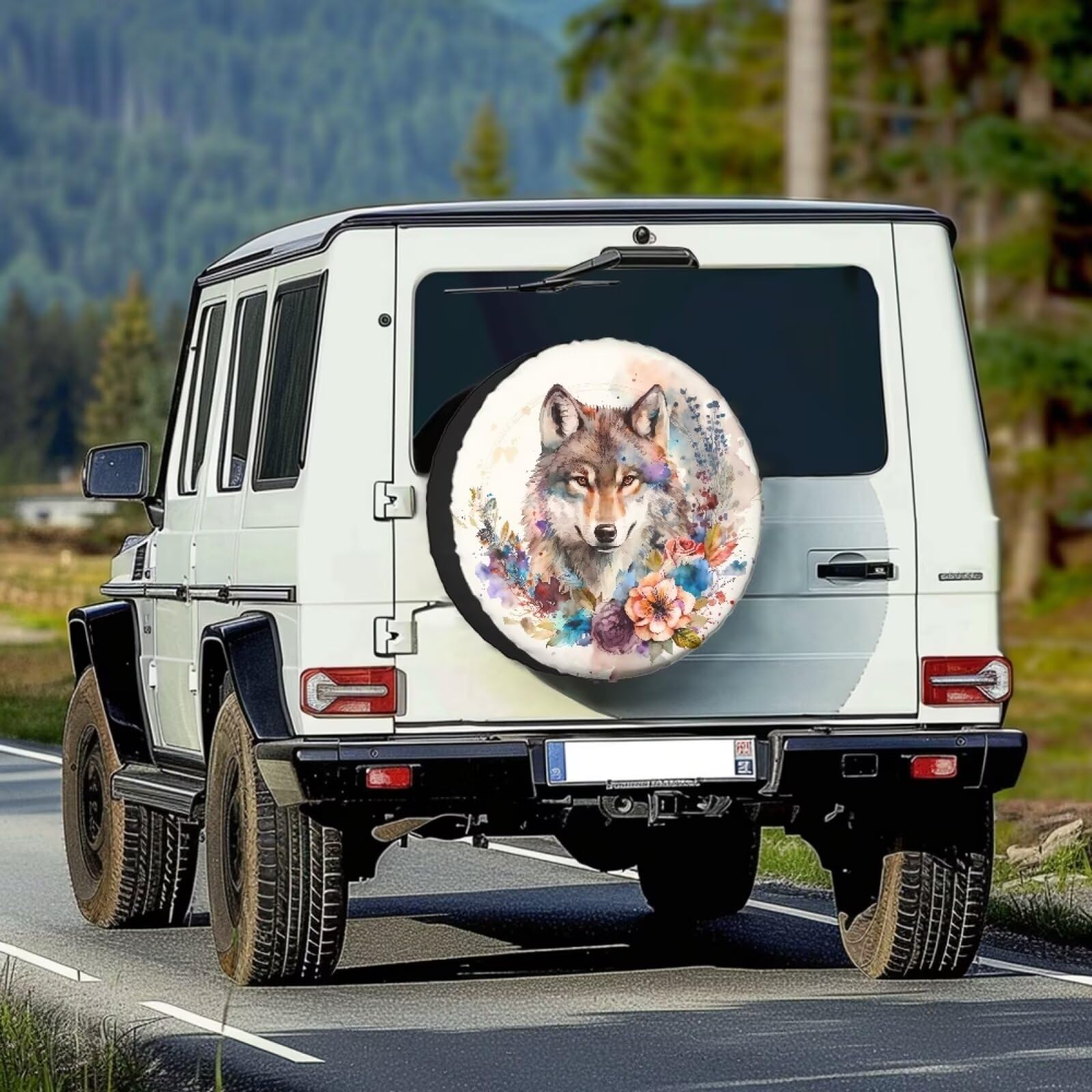 BIGCARJOB Flower Animal Wolf Spare Tire Cover,Portable Wheel Bags All-Weather Tire Cover,Stretch Spare Tire Protector Cover Universal Fit for 14-19inch Tire