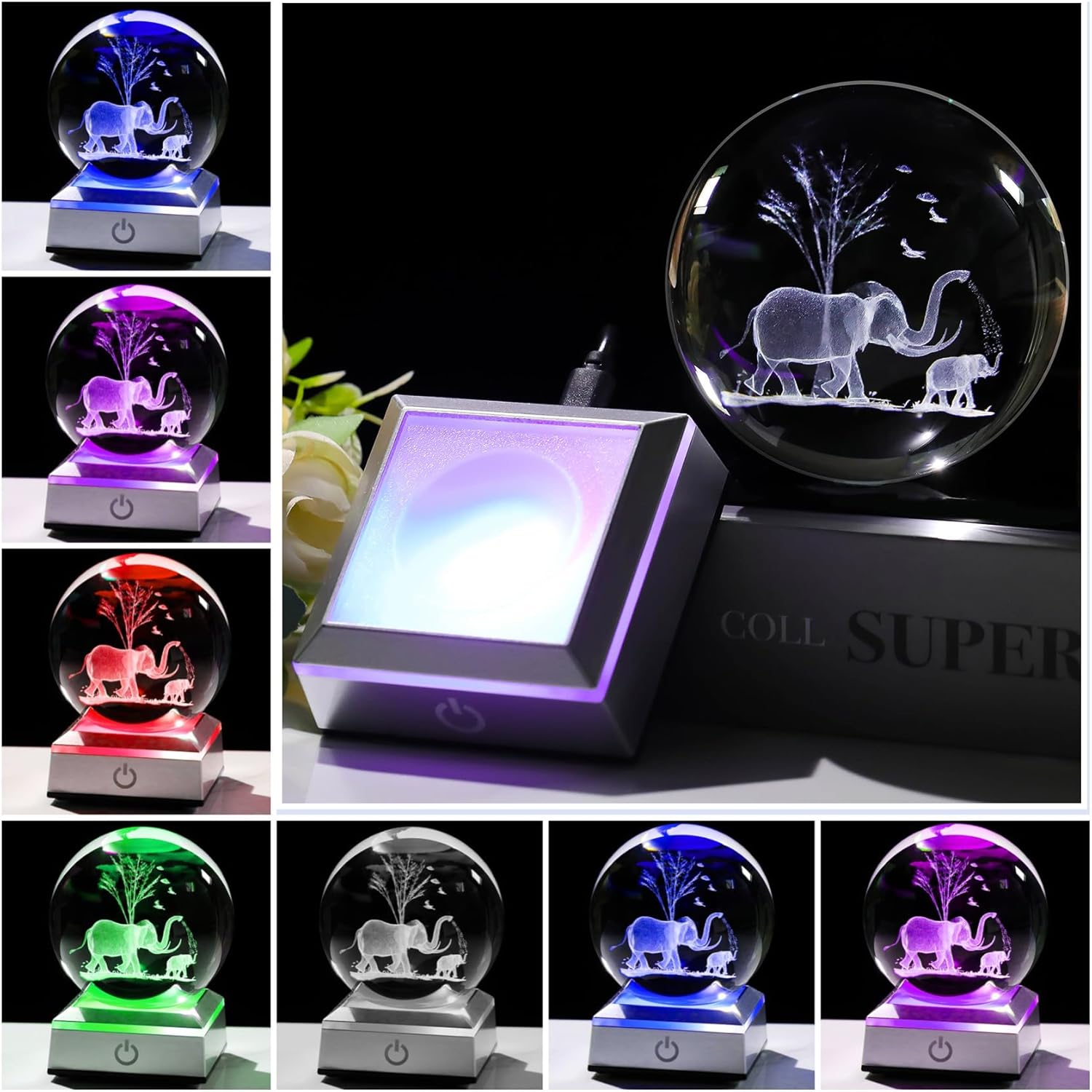 Movdyka 3D Elephant Crystal Ball Figurines with LED Base - Glass Elephants Gifts for Women Mom on Christmas Birthday Mothers Day Elephant Statues Lamp Gift Night Light Desk Decor Paperweight