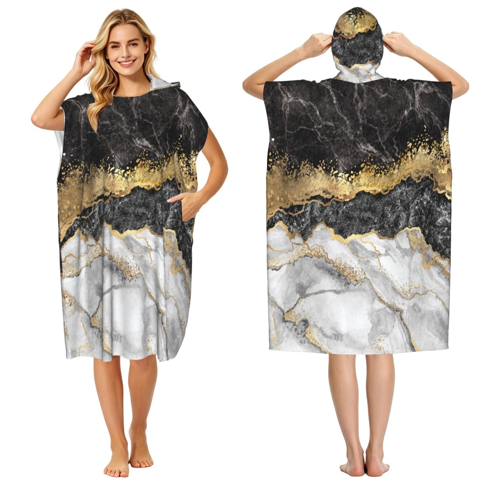 Poadnly Black White Gold Foil Marble, Adult Hooded Beach Towel 90 x 110 cm,Changing Bath Robe, Surf Poncho Towel For Women Men