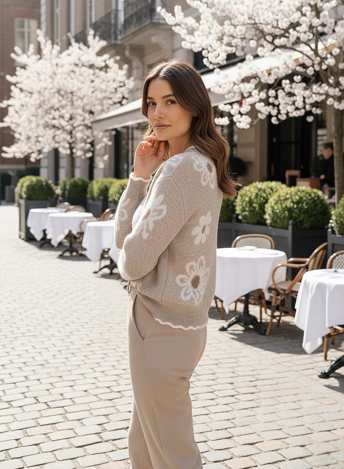 Dokotoo Women's Fall Sweaters 2025 Long Sleeve V Neck Casual Tops Ribbed Knit Comfy Fuzzy Pullover Floral Sweater - Image 6