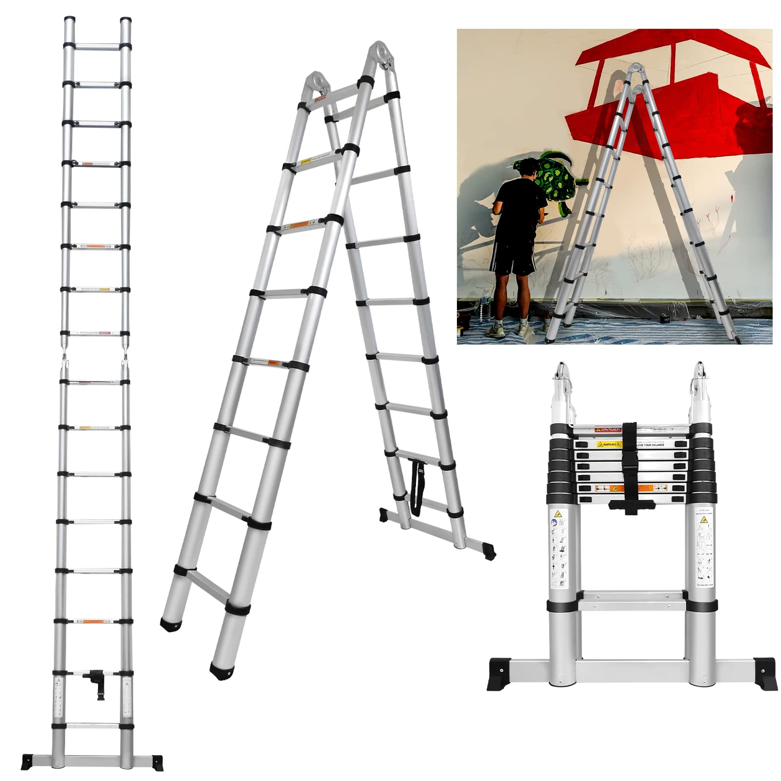 EN131 Telescopic Ladder 5M(2.5M+2.5M) A-Type Extension Ladder with Stabilizer Bar, Multi Purpose Extendable Loft Ladder Folding Ladder, 16 Adjustable Steps with Locking Button, Max Load 150kg — image 1